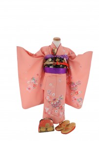 七五三 3歳 女の子用  三つ身 No.229 Y | 濃いサーモンピンク色 毬に桜